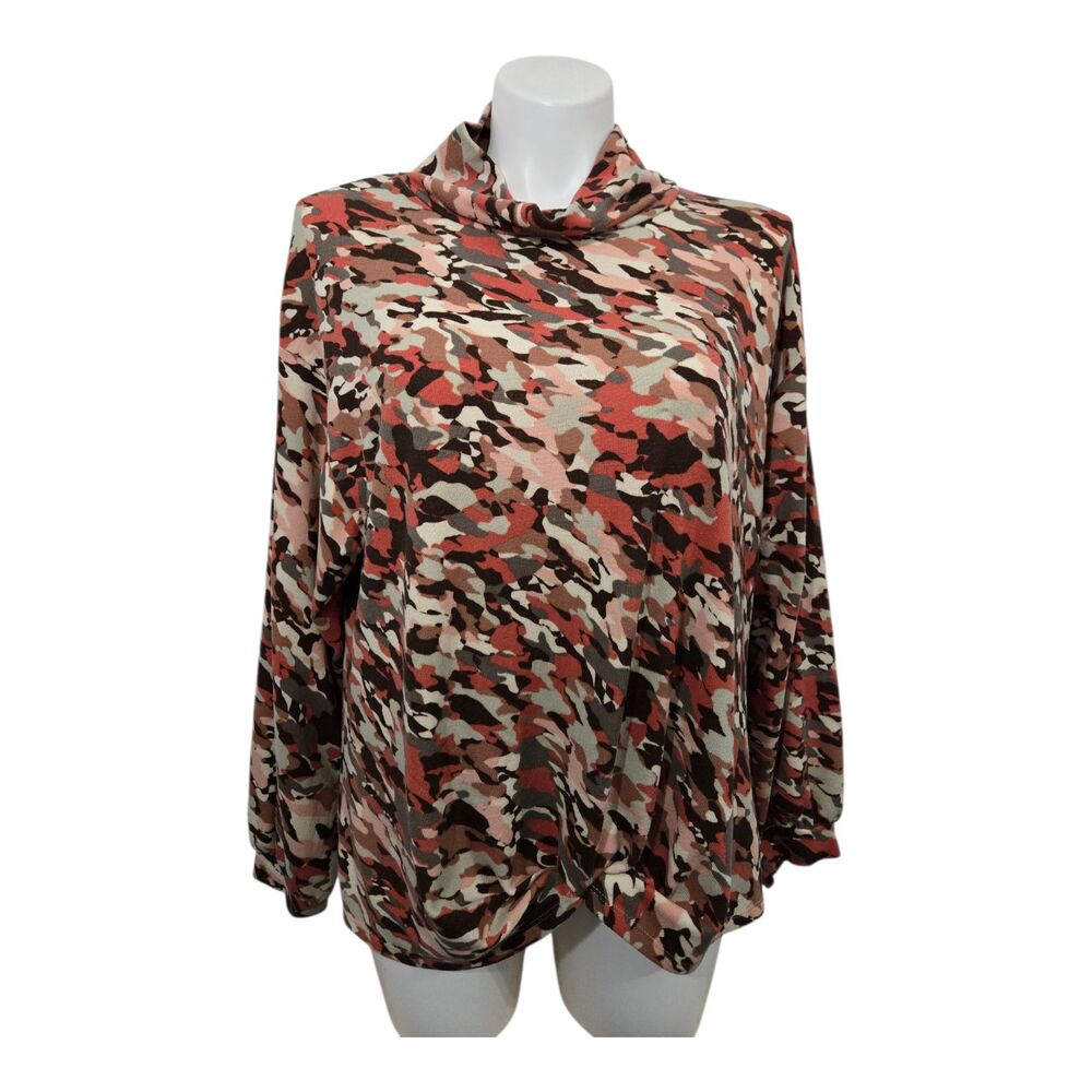 Zac & Rachel Mock Neck Knotted Top Women 2X Orange Multicolor